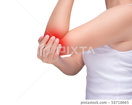 woman suffering from elbow pain, joint pains. red highlight at elbow isolated on white background. health care and medical concept 58718665