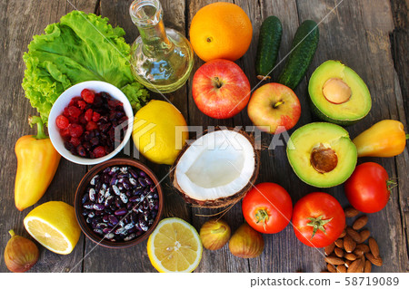 Healthy food of vegetable origin on old wooden Healthy food of vegetable origin on old wooden 58719089