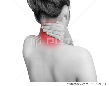 woman suffering from neck pain using hand massage painful neck and nape. mono tone color with red highlight at neck , neck muscles isolated on white background. health care ,medical concept. studio 58719191