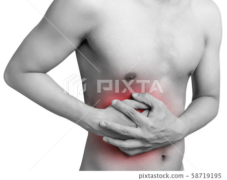 man stomach suffering from stomachache or Gastroenterologist. Concept with Healthcare And Medicine. Pain in red color. Isolate on white background 58719195