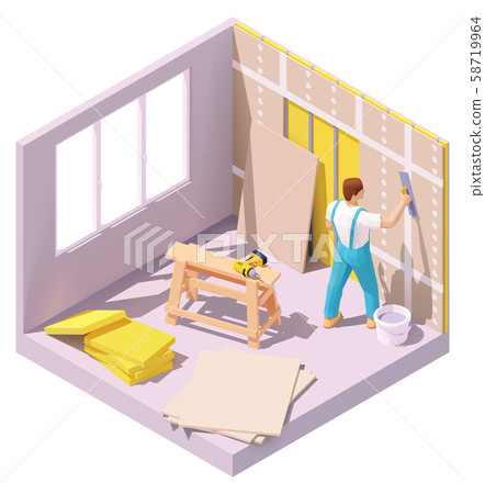 Vector isometric worker plastering wall 58719964
