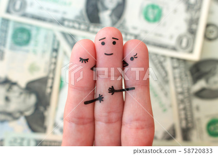 Fingers art. Concept of girls kisses boy on cheek Fingers art. Concept of girls kisses boy on cheek 58720833