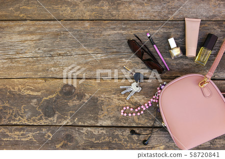 Things from open lady purse. Cosmetics and women's Things from open lady purse. Cosmetics and women's 58720841