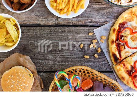 Fast food on old wooden background. Concept of Fast food on old wooden background. Concept of 58720866