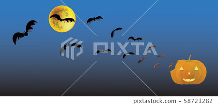 Halloween bats flying from scary pumpkin face to the Moon in dark blue sky background banner, watercolor style, vector illustration. Halloween bats flying from scary pumpkin face to the Moon in dark blue sky background banner, watercolor style, vector illustration. 58721282