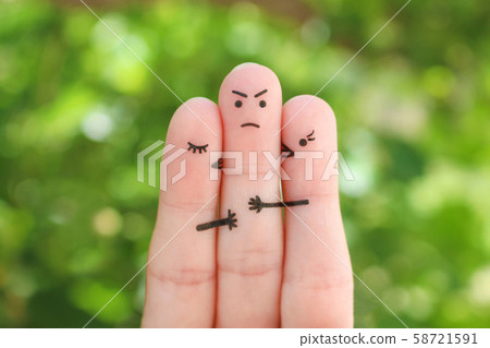 Fingers art. Concept of girls kisses boy on cheek. Fingers art. Concept of girls kisses boy on cheek. 58721591