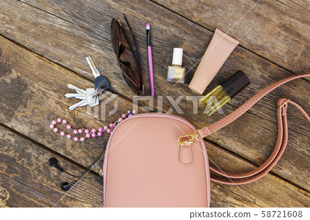 Things from open lady purse. Cosmetics and women's Things from open lady purse. Cosmetics and women's 58721608