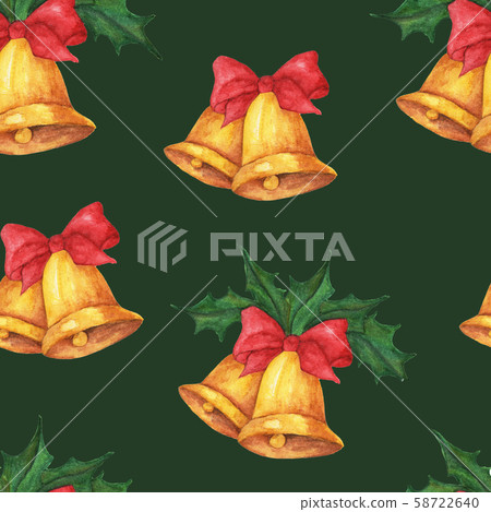 Watercolor seamless pattern with Golden christmas bells with holly leaves. 58722640