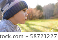 A child in the autumn Park on a picnic. He eats a juicy red Apple. Close up face 58723227