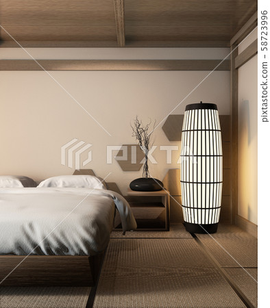 Wooden bed japanese style and zen lamp on tatami Wooden bed japanese style and zen lamp on tatami 58723996