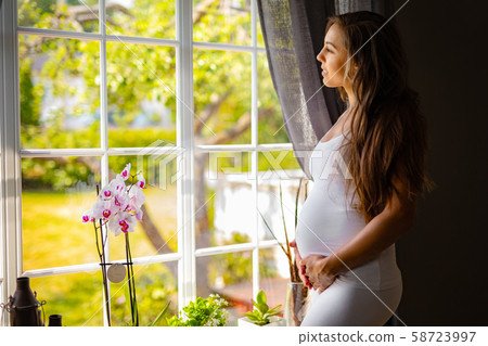Thoughtful pregnant woman looking out the window and touching her belly Thoughtful pregnant woman looking out the window and touching her belly 58723997