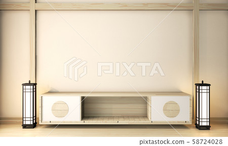 Wooden cabinet zen design and lamp in room Wooden cabinet zen design and lamp in room 58724028