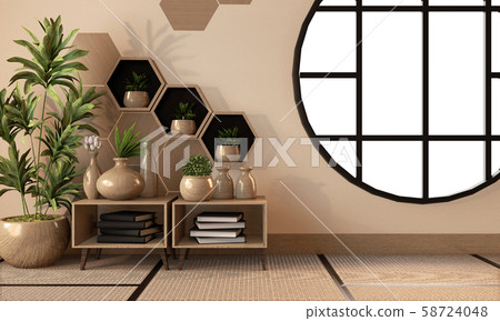 wooden hexagon shelf and tiles on wall and wooden 58724048