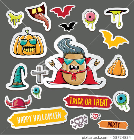 Vector halloween sticker icons set with dracula, witch hat, scary pumpkin, bat , skull, happy 58724824