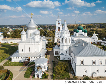 Aerial summer view of wight Nikitskiy monastery with silver domes in Pereslavl Zalessky, Yaroslavl 58725300