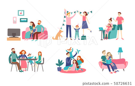 Family together at home. Young couple spend time with kids, read book and decorating house 58726631