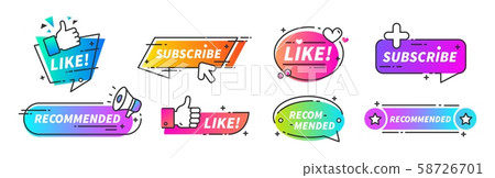 Recommend banner. Thumb up tags with with like and subscribe buttons for video channels or podcast 58726701