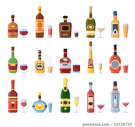 Alcohol bottles and glasses. Alcoholic bottle with cider, vermouth in glass or liqueur shot and Alcohol bottles and glasses. Alcoholic bottle with cider, vermouth in glass or liqueur shot and 58726720