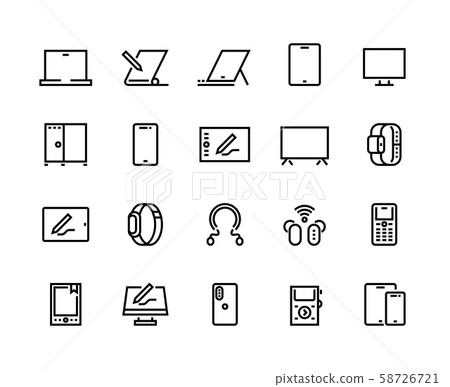 Devices line icons. Desktop computers, electronic devices and wearable gadgets, outline PC and Devices line icons. Desktop computers, electronic devices and wearable gadgets, outline PC and 58726721