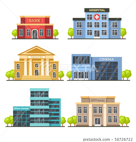 Flat city buildings. Contemporary office center, hospital facade and city hall building. Modern Flat city buildings. Contemporary office center, hospital facade and city hall building. Modern 58726722