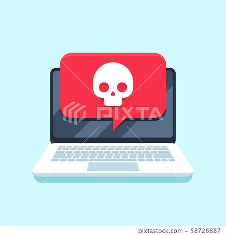 Virus notification on notebook screen. Malware attack laptop pc, computer viruses or hacking secure 58726887