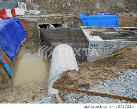 Underground drainage manhole under construction by construction workers at the construction site. The manhole design based on infrastructure engineer design. Underground drainage manhole under construction by construction workers at the construction site. The manhole design based on infrastructure engineer design. 58727220