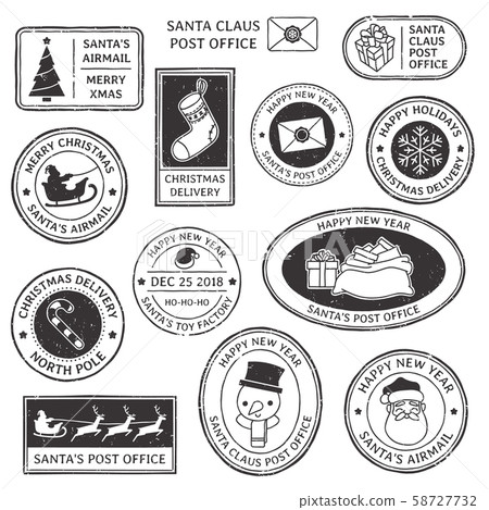 Christmas stamp. Vintage Santa Claus postmark, north pole mail cachet and snowflake symbol on stamps Christmas stamp. Vintage Santa Claus postmark, north pole mail cachet and snowflake symbol on stamps 58727732