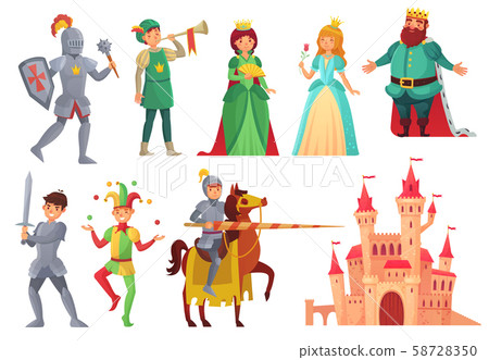 Medieval characters. Royal knight with lance on horseback, princess, kingdom king and queen isolated 58728350