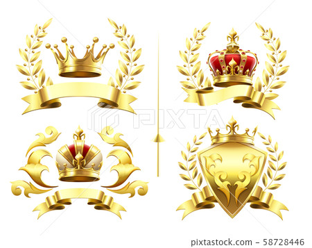 Realistic heraldic emblems. Insignia with golden crown, gold crowning medal and emblem with royal 58728446