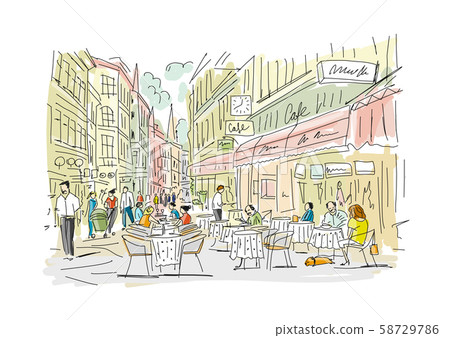 Old european street with cafe and restaurants, sketch for your design 58729786