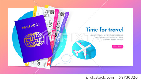 Travel banner with passport and tickets in modern gradient style for travel or tourism website.  58730326