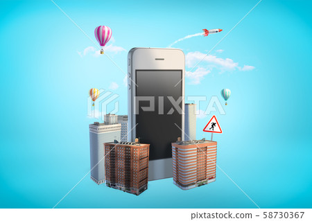 3d rendering of gigantic smartphone standing amid high-rise buildings on blue background. 58730367