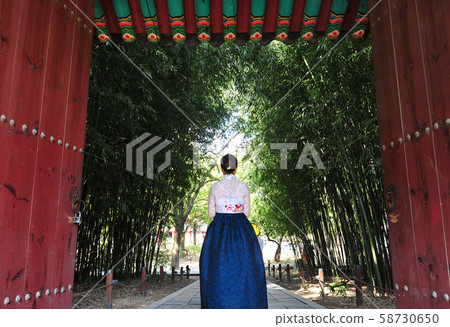 Women in Hanbok before the game of Jeonju Hanok Village in Korea 58730650