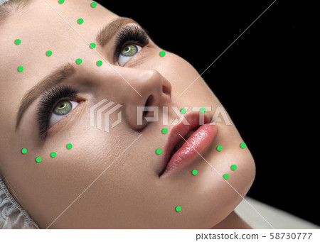 Female face marked with green dots on the main facial spots for beauty injections. Caucasian woman 58730777