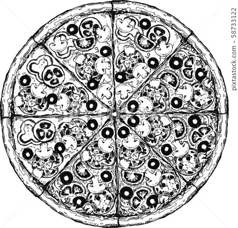 Pizza slice drawing. Hand drawn pizza illustration. Great for menu, poster or label. 58733122