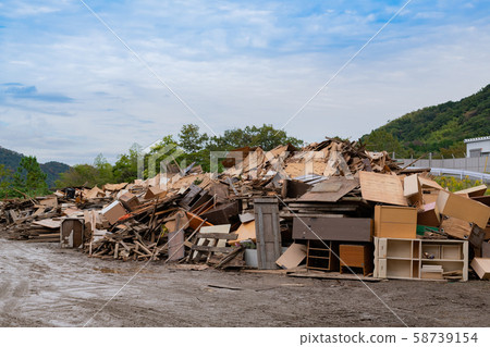 A large amount of disaster garbage destroyed by inundation by typhoon 58739154
