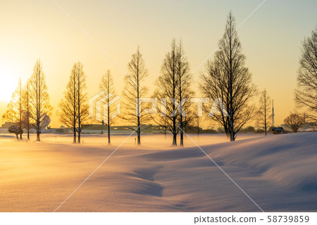 Snowy Arakawa Riverbed, sunrise and beautiful snow scenery, winter Snowy Arakawa Riverbed, sunrise and beautiful snow scenery, winter 58739859