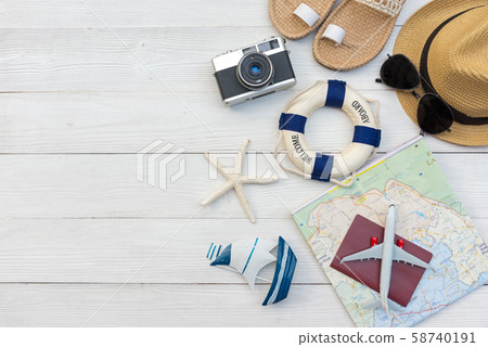 Top view of Traveler accessories and items Top view of Traveler accessories and items 58740191