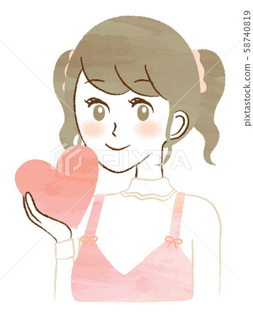 年輕女子捧著一顆心，插圖情人節 58740819