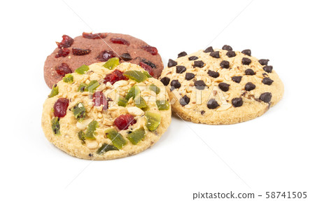 round cookies with dried fruit isolated on white round cookies with dried fruit isolated on white 58741505
