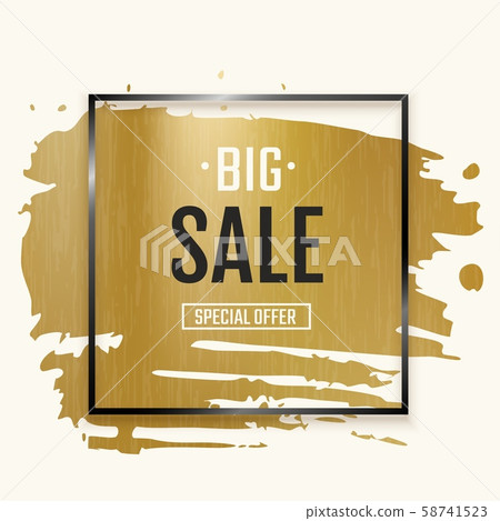 Gold ink brush with frame. Black square background with golden foil texture and paint splash 58741523