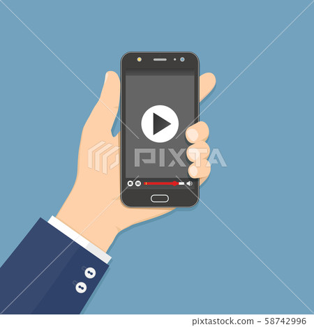 Hand holding smartphone with video player on the screen. Vector flat illustration. 58742996