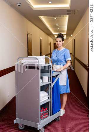 Pretty young chamber maid getting clean towels and other stuff in hotel rooms Pretty young chamber maid getting clean towels and other stuff in hotel rooms 58744238