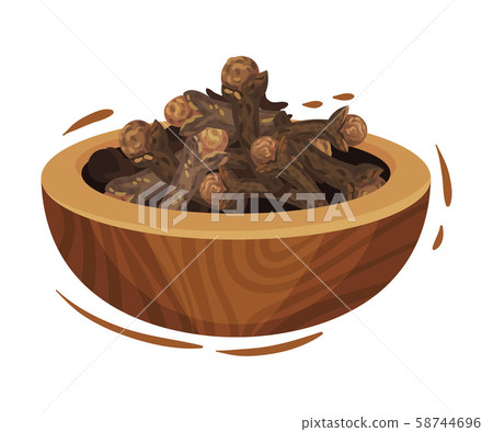 Clove Dried Flower Buds in Wooden Bowl. Detailed Drawn Vector Illustrated Items 58744696