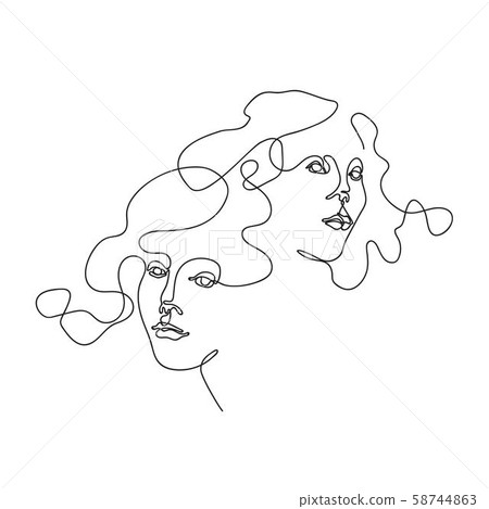 Two Female Faces Drawn In One Line Continuous Stock Illustration