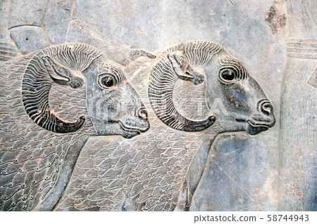 Bas-relief with two sheeps, Persepolis, Iran 58744943