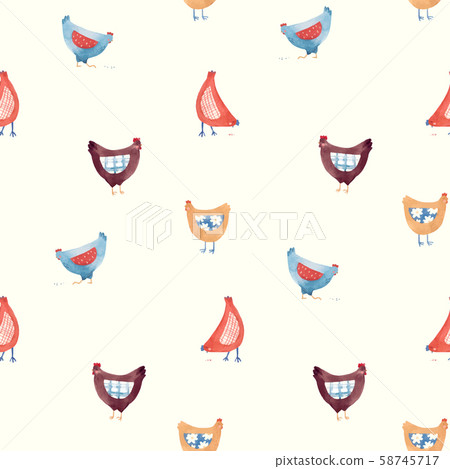 Vector seamless pattern with nice cute watercolor chicken hen bird in rural rustic country style 58745717