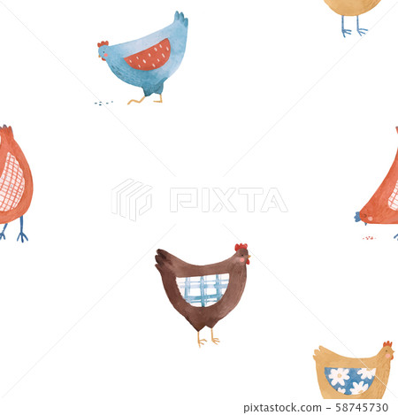 Vector seamless pattern with nice cute watercolor chicken hen bird in rural rustic country style 58745730