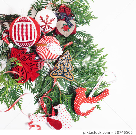 christmas decoration isolated , white background for post card greetings, toy design on tree macro 58746505
