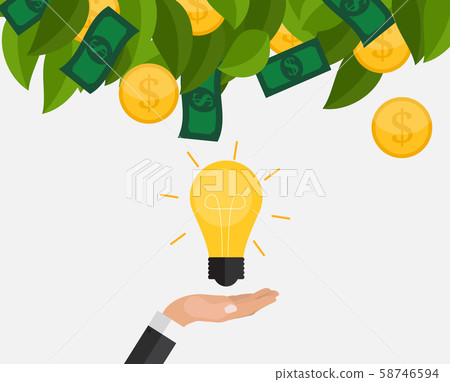 Hand holds money and light bulb. Investing in 58746594